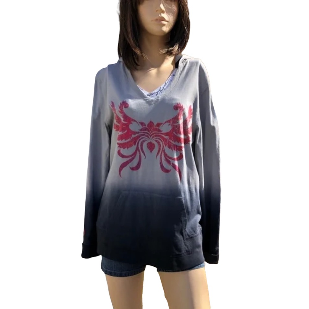 Crazy Shirts Long Sleeve Hoodie Ombré V Neck Lotus Print Tee Size Medium - Picture 10 of 10